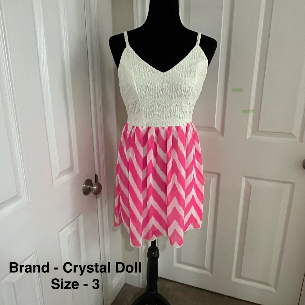 Crystal Doll White Lace Top Pink Chevron Skater Dress